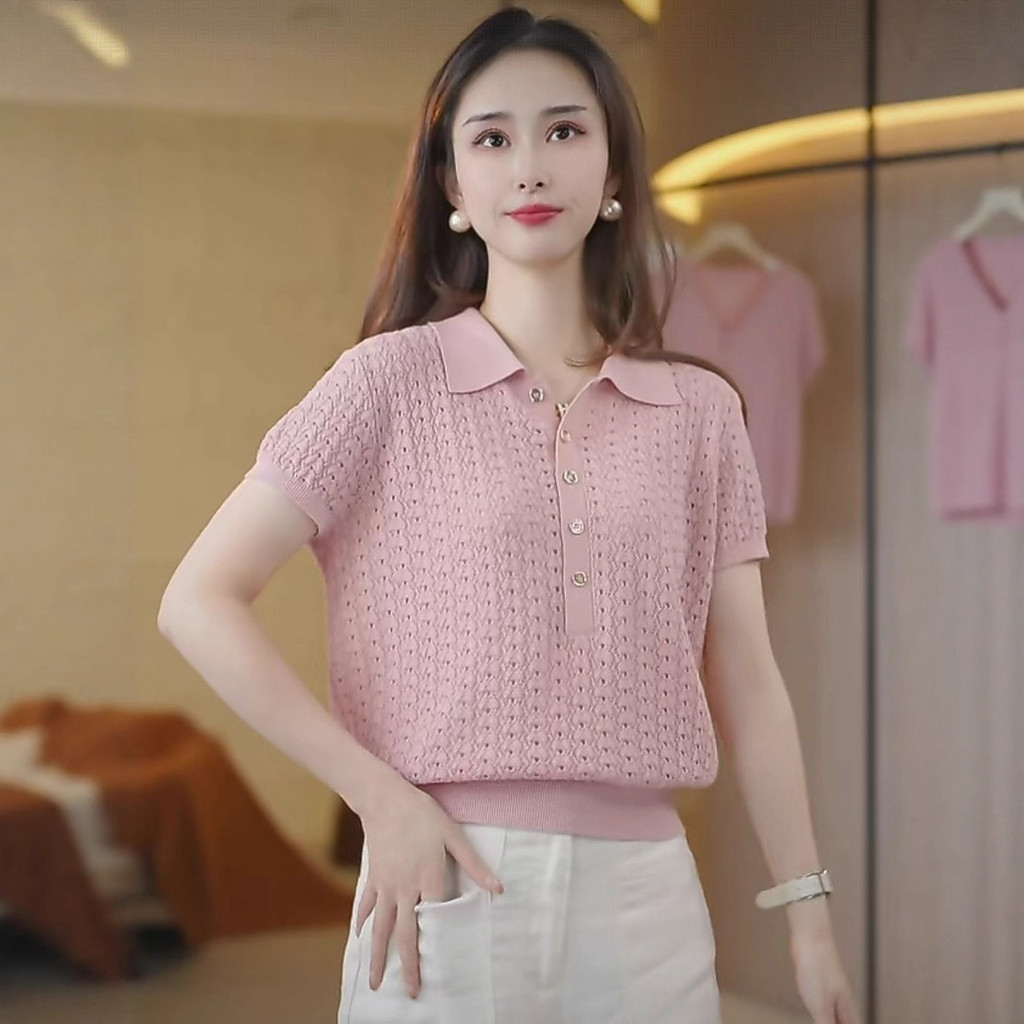 Mint Mambo ฤดูร้อนชั้นสไตล์ตะวันตกเกาหลีลําลองเสื้อถักแขนสั้น Hollow Breathable Light อินเทรนด์