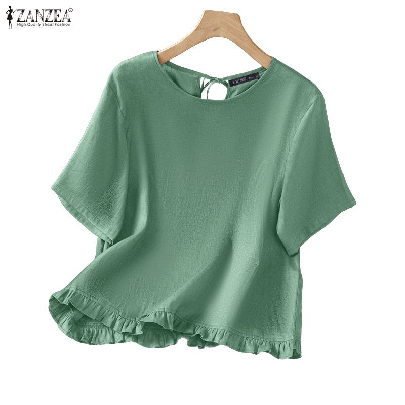 ZANZEA เสื้อเบลาส์แขนสั้นคอกลมสำหรับผู้หญิง