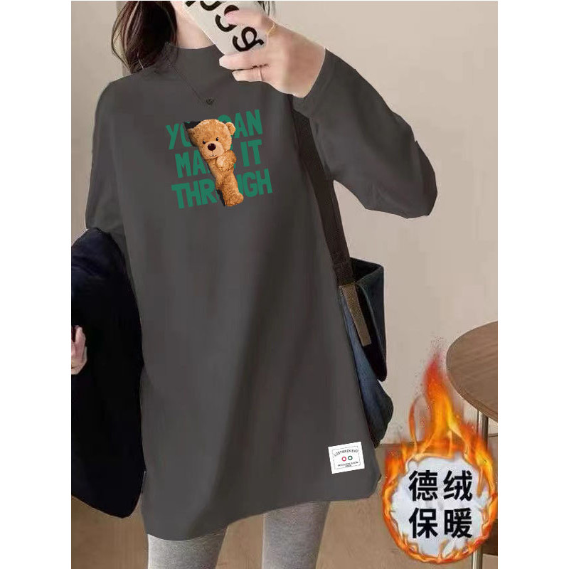 ครึ่งคอปกสูงกํามะหยี่เสื้อด้านล่างที่อบอุ่นเสื้อยืดผู้หญิงหนาความยาวกลางหลวมระดับไฮเอนด์หมีด้านบนฤดู