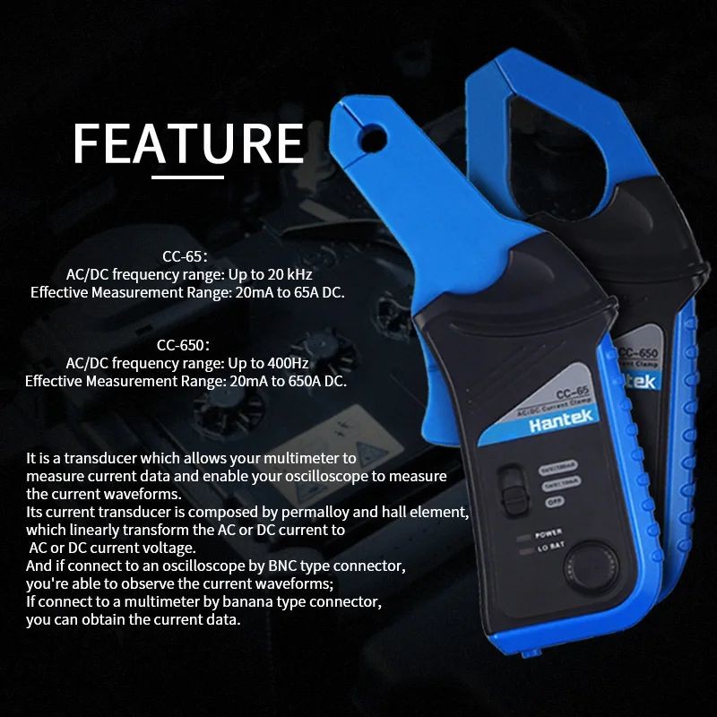 Hot AC/DC Current Clamp Meter Hantek Oscilloscopes CC65 CC650 AC/DC 20KHz 400Hz แบนด์วิดท์ 1mV/10mA 