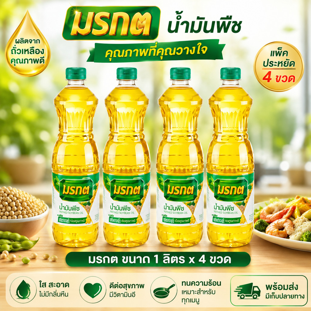 น้ำมันพืชมรกต 1 ลิตร x4 ขวด แพ็คประหยัด พร้อมส่ง มีเก็บปลายทาง ส่งขงทุกวัน