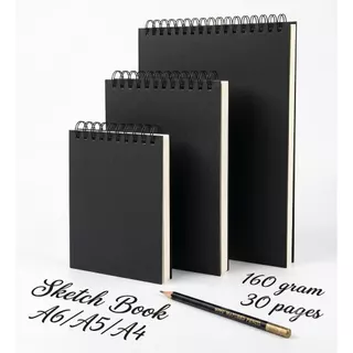 S0136 สมุดวาดรูป Sketchbook ริมลวด 160 แกรม (A4/A5/A6) 30หน้า ปกดำเรียบหรู สมุดวาดเขียน