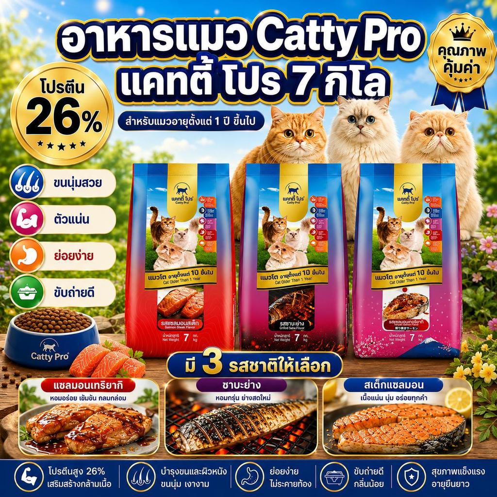 [[ ขนาด 7 กิโล ]]  อาหารแมวเม็ด Catty Pro แคทตี้โปร  สำหรับแมวโต อายุ 1 ปีขึ้นไป โปรตีน 26 % ขนนุ่ม ตัวแน่น
