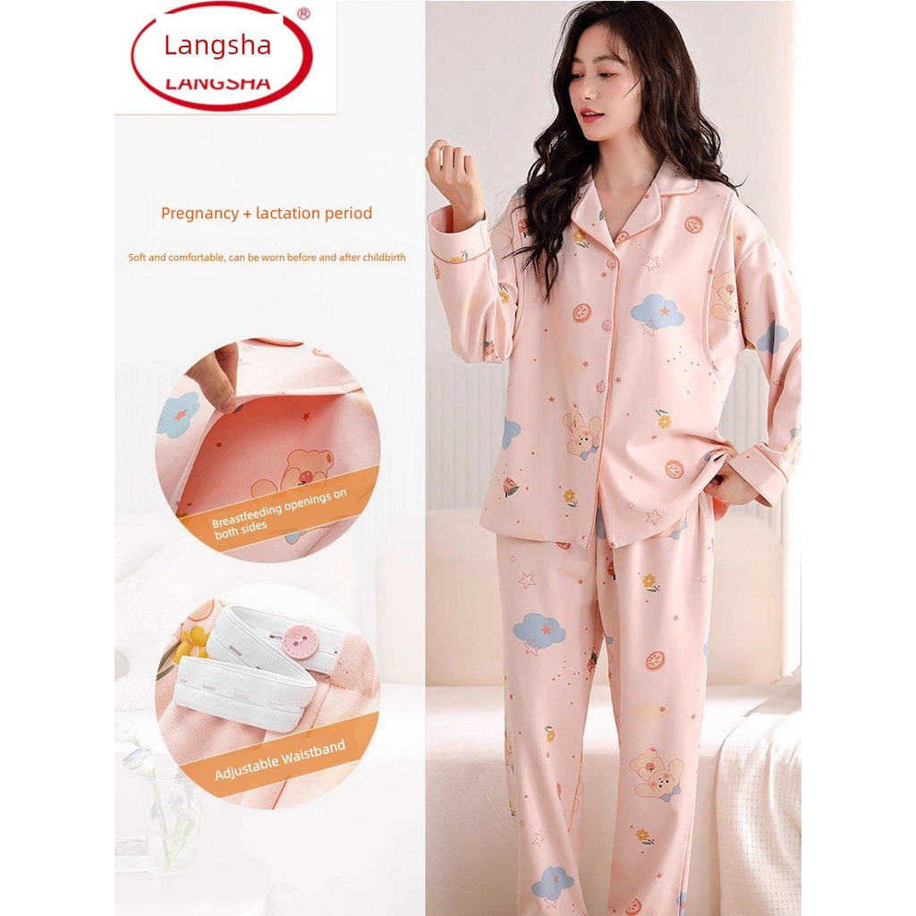 Langsha เสื้อคลุมหลังคลอดสําหรับฤดูใบไม้ผลิและฤดูใบไม้ร่วงผ้าฝ้ายแท้แขนยาว V คอสไตล์ญี่ปุ่นชุดนอนพยา