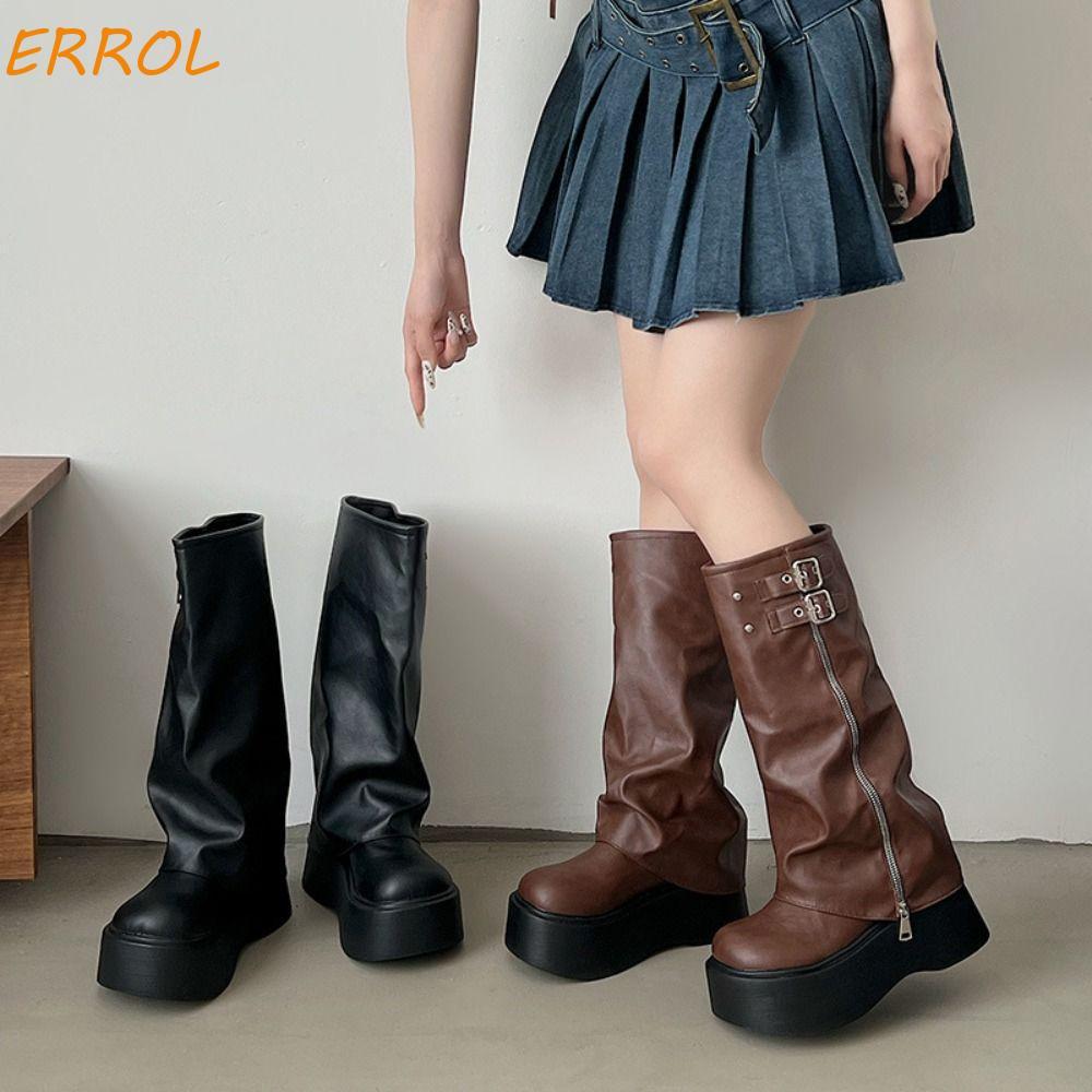 EROL ผู้หญิง Biker รองเท้า, แพลตฟอร์มเข็มขัดหัวเข็มขัดผู้หญิงเข่าสูง Booties, แฟชั่น Y2K Punk Street สไตล์ Casual ยาวท่อ Booties สุภาพสตรี