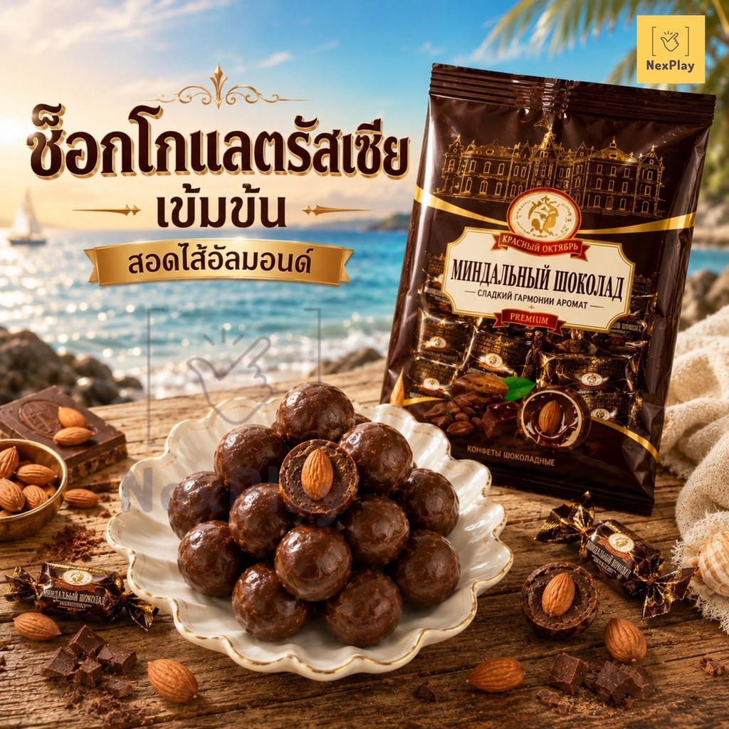 ช็อคโกแลตสอดไส้อัลมอนด์ (1ถุง ขนาด200กรัม) ช็อคโกแลตรัชเซีย รสชาติเข้มข้น หวานละมุน  อร่อย ขนมทานเล่น