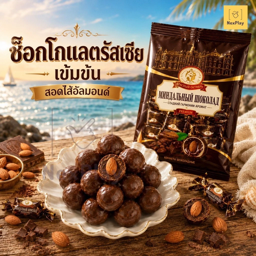 ช็อคโกแลตสอดไส้อัลมอนด์ (1ถุง ขนาด200กรัม) ช็อคโกแลตรัชเซีย รสชาติเข้มข้น หวานละมุน อร่อย ขนมทานเล่น