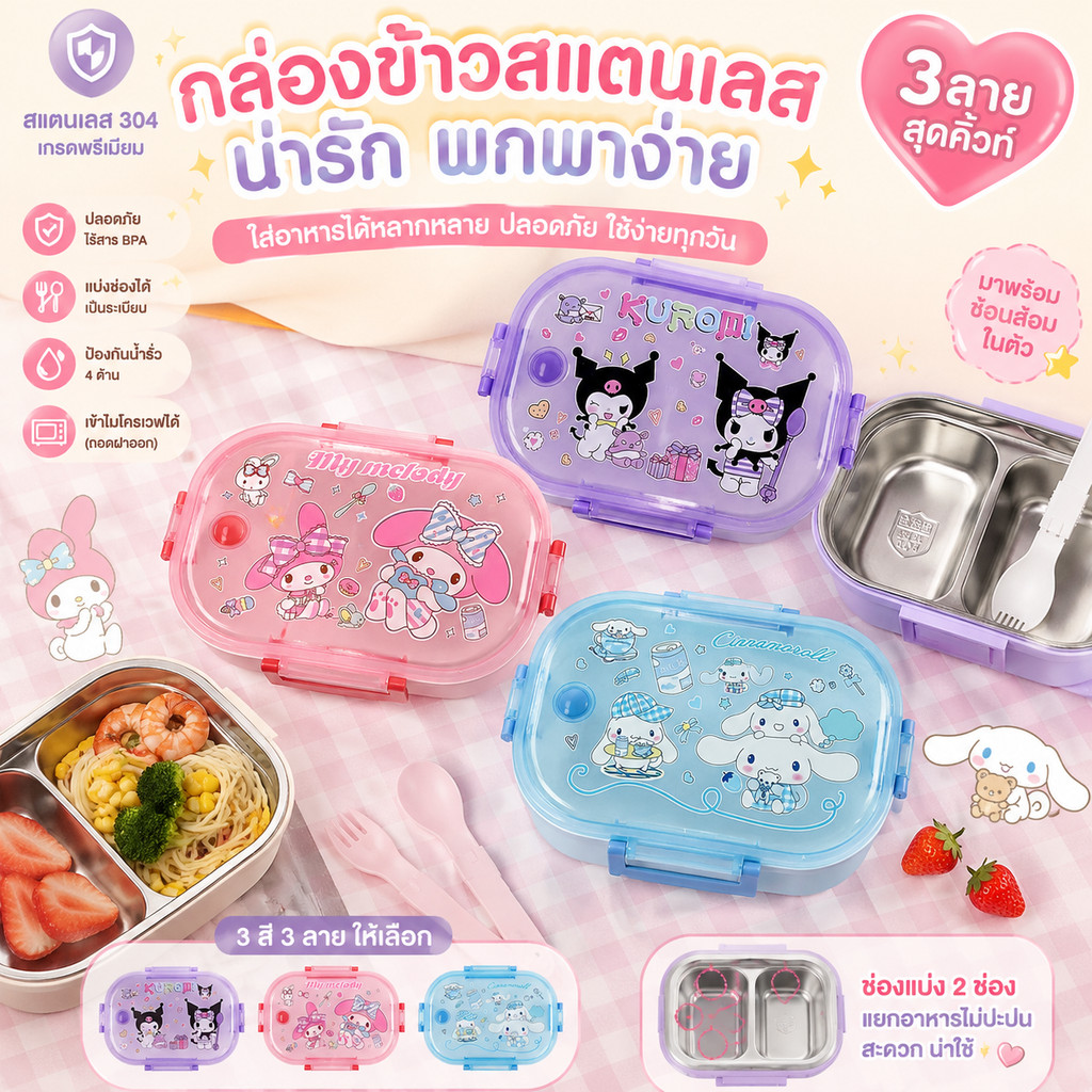 COD สแตนเลส กล่องอาหารกลางวัน 750 ml ถังภายใน 304 ปิดผนึกกันรั่วซึม รูปภาพการ์ตูน เริ่มต้นภาคเรียน