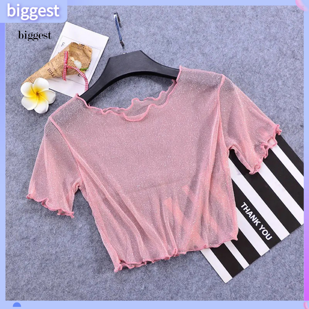 BGT O-คอสั้นแขนสั้น Sheer Trim Crop Top ผู้หญิงดูผ่าน Glitter ตาข่าย Tee เสื้อ Streetwear