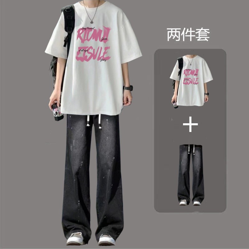 เสื้อยืดแขนสั้นฤดูร้อนครึ่ง T686 ผ้าฝ้ายแท้ + K80 ชุดยีนส์ S-3XL