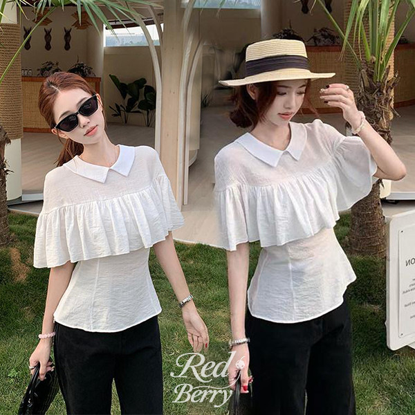 Red Berry เสื้อผู้หญิงแขนกลางทรงฝรั่งเศส เนื้อผ้าเบา มีจีบ เหมาะสำหรับฤดูร้อน 99437