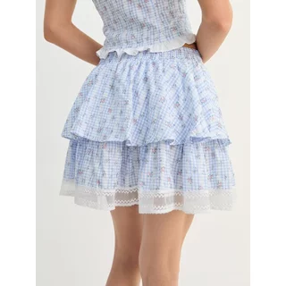 [Pomelo] กระโปรงสั้นลายสก็อตดอกไม้แต่ระบายลูกไม้ / Ruffle Trim Gingham Floral Mini Skirt