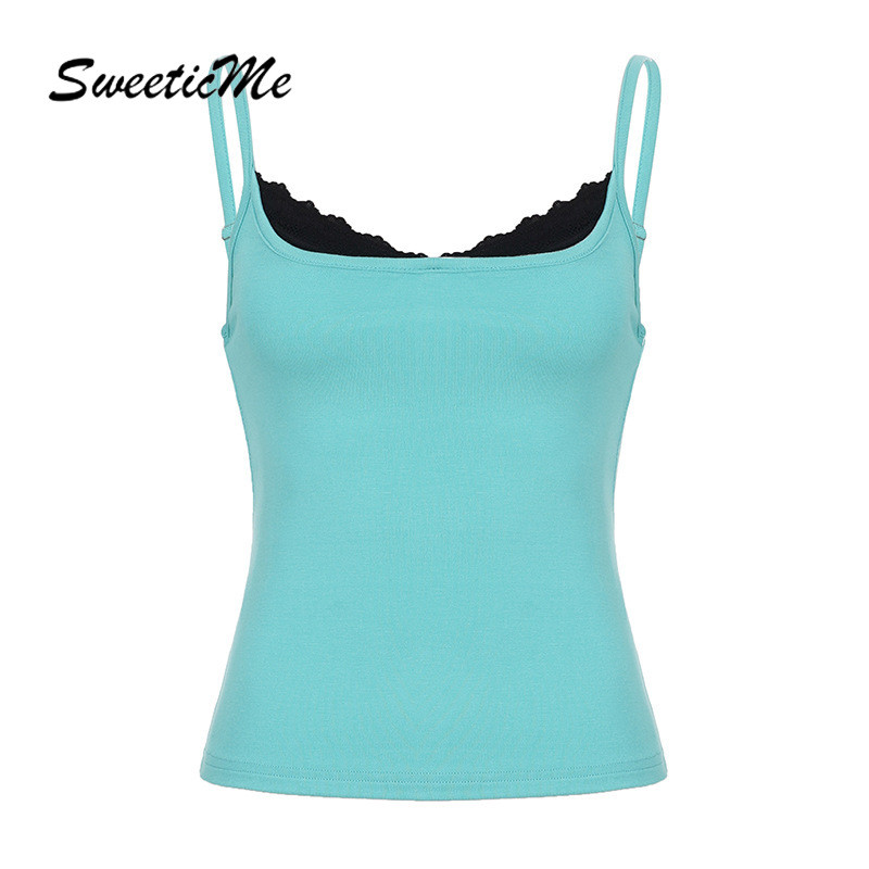 SweeticMe ผู้หญิง 2026 ใหม่แฟชั่นเซ็กซี่ลูกไม้ Splicing Casual Street สายคล้องคอ Camisole + กางเกงขาสั้นชุด