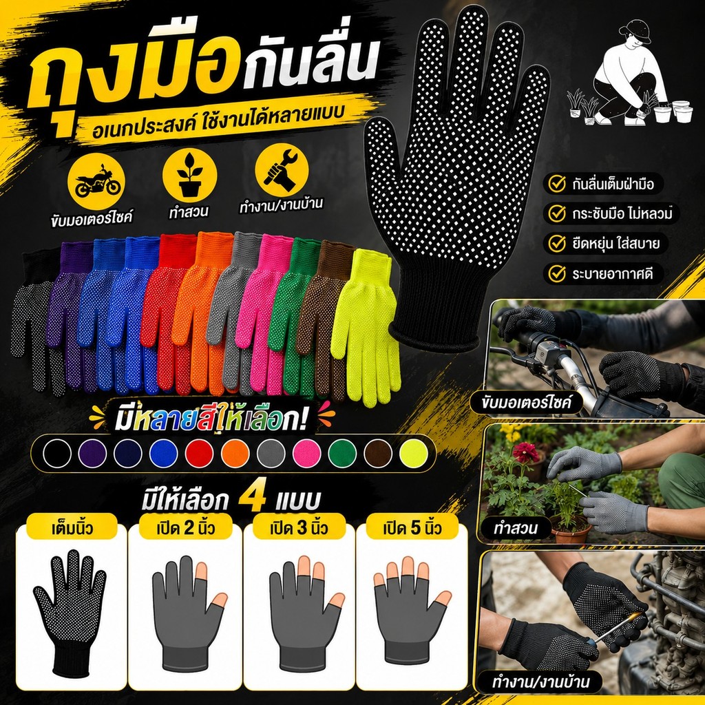ถุงมือทำงาน มีปุ่มยางกันลื่น 10 สี