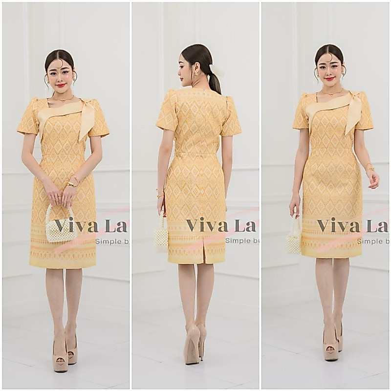 V311ชุดเดรสผ้าทอลาย ทรงสอบ แต่งโบว์ไหล่  งานอัดกาวทั้งชุด ทุกชิ้น ซิปซ่อนด้านหลัง