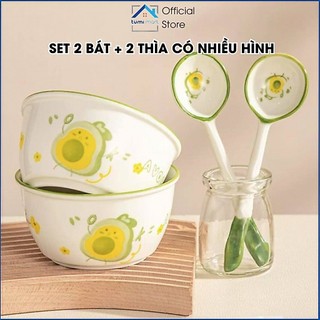 Bát Sứ 4 Món Dễ Thương Gồm 2 Bát + 2 Thìa, Bát Ăn Cơm Cute Hình Nơ, Bơ,  Heo Hồng, Ca-py-bara, Gấu Bear