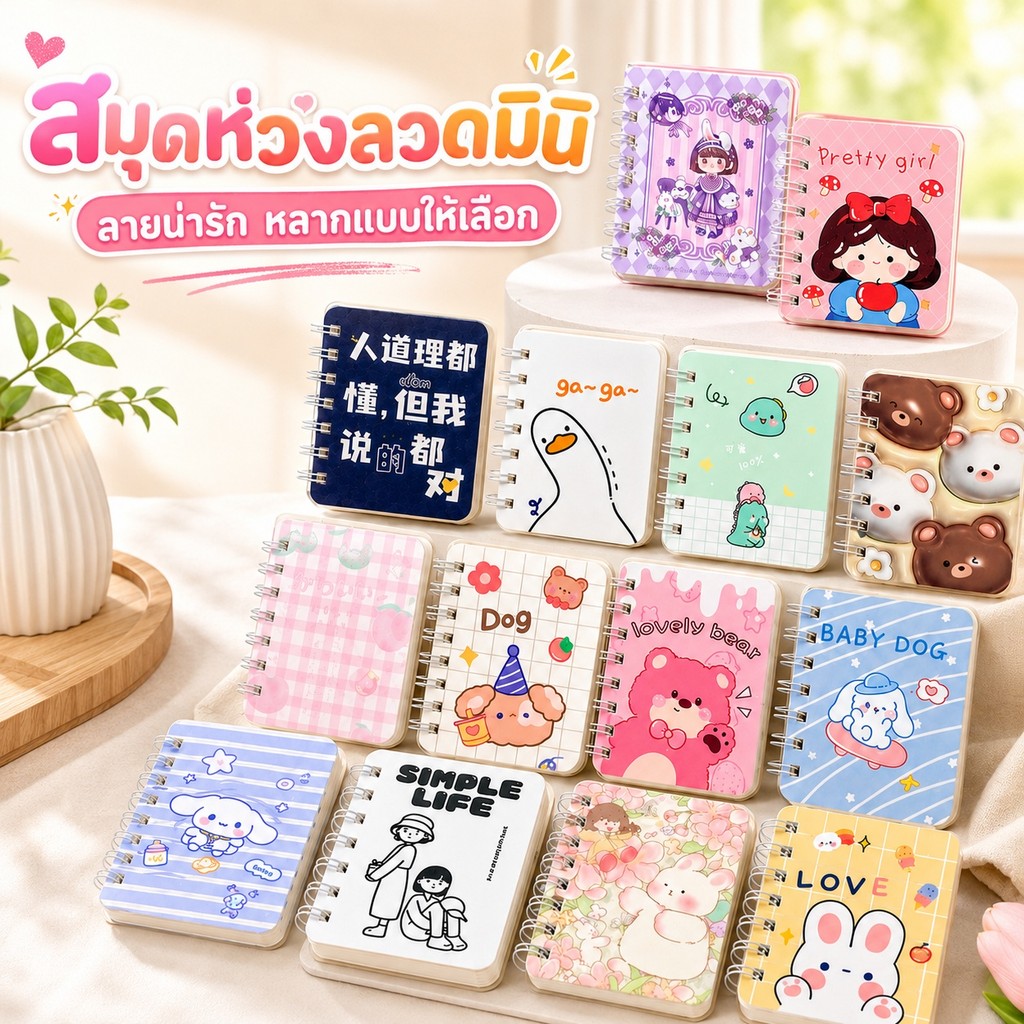 S00094 การ์ตูนน่ารักมินิแบบพกพาโน๊ตบุ๊คนักเรียนเกาหลีโน๊ตบุ๊คทนทานเกลียวผูกโน๊ตบุ๊ค