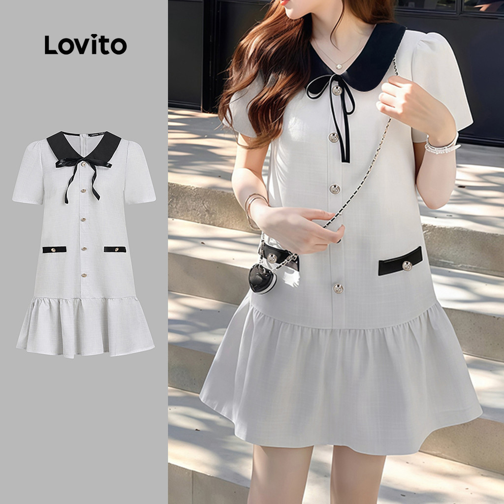 Lovito เดรสแคชชวลสีฟ้าสำหรับผู้หญิง ดีไซน์สีตัดกัน มีระบายและผูกเชือก เหมาะสำหรับฤดูใบไม้ผลิและฤดูร้อน L171ED384