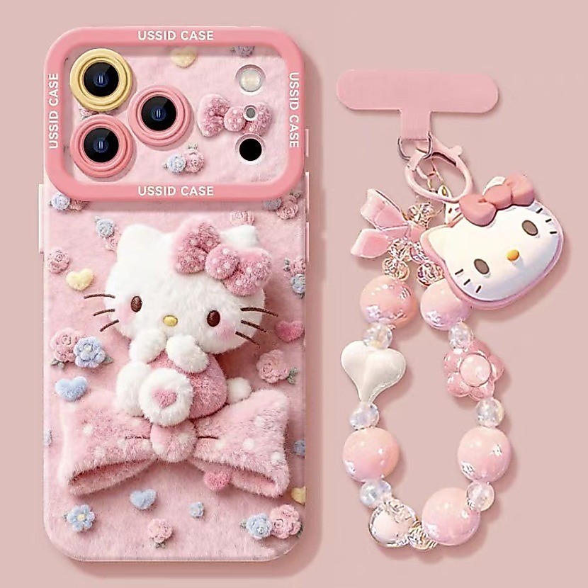 เข้ากันได้กับ iPhone 17 16 15 14 13 12 11 Pro Max X Xr Xs Max 7 8 Plus SE2020 เคสโทรศัพท์ Sweet Girlish Heart การ์ตูนสีชมพู KT Cat + Lanyard ฝาหลังแบบนุ่ม