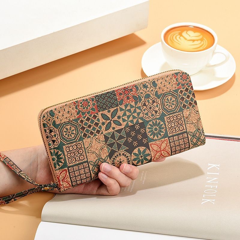 Cross Mirror PU Cork Grain Wallet Long Zipper Wallet Mobile Phone Bag Single Pull Medium Zipper Wall