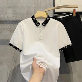 BECoolMan เสื้อโปโลผู้ชาย สไตล์ร้อนฤดูร้อน แฟชั่นยอดนิยม ความรู้สึกระดับสูง ลำลองแมทช์ลุคง่าย แขนสั้นคอปกพิมพ์ลาย
