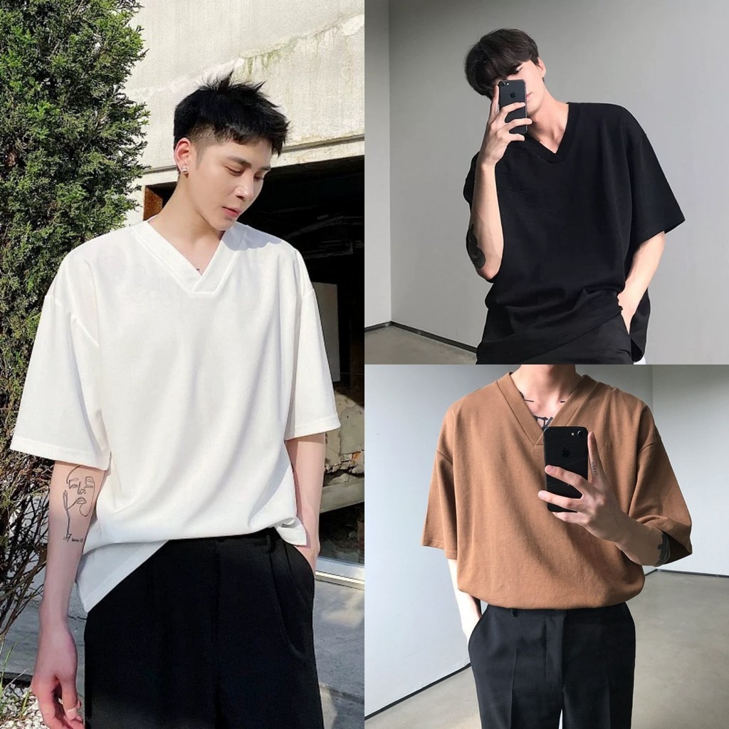 ProMan🍃คอวีแขนสั้นผู้ชาย  สีล้วน  ลำลองแมทช์ลุคง่าย  แบบหลวม