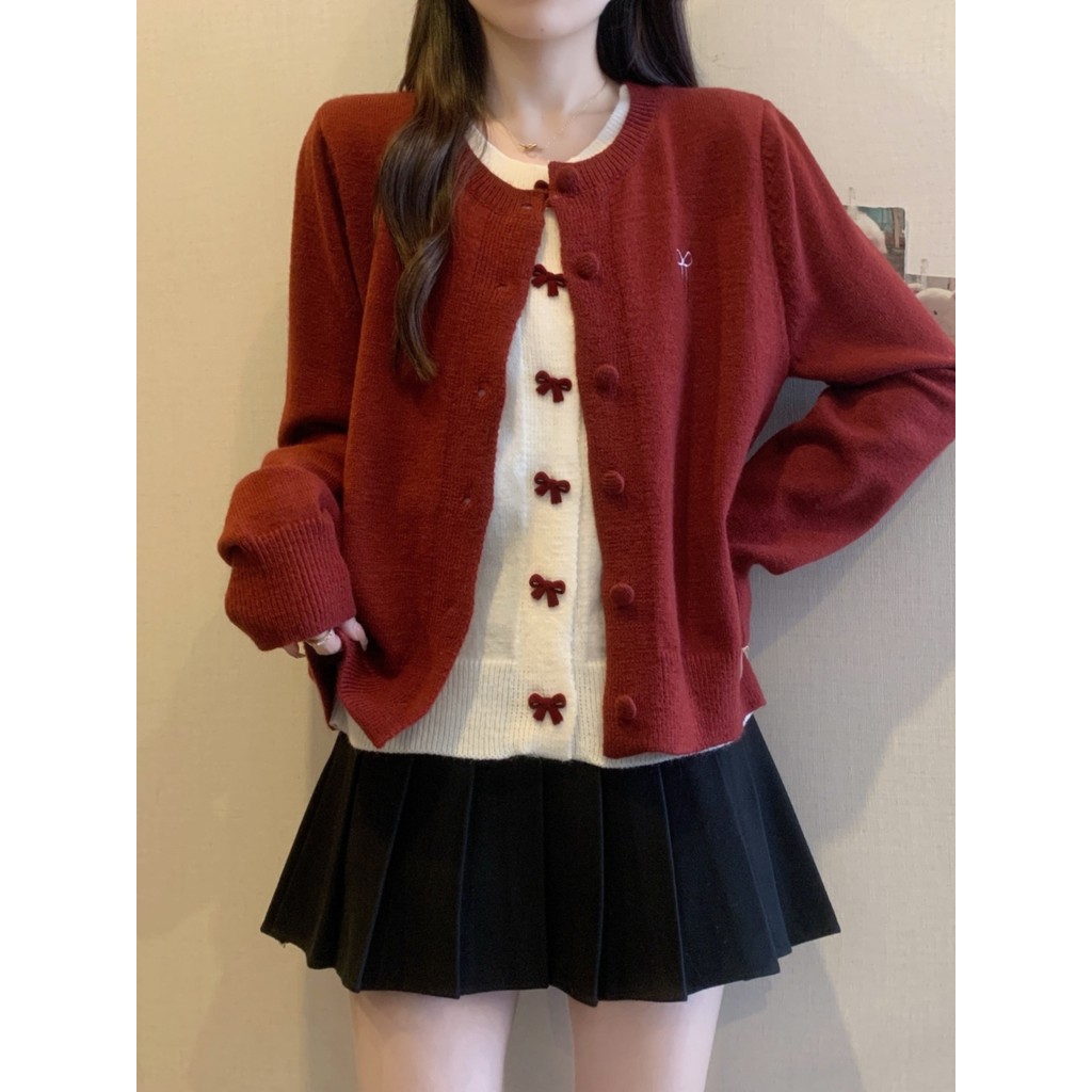 sculptor sweater เสื้อ sweater แจ็คเก็ตสองชิ้นกันหนาวสำหรับผู้หญิง ฤดูหนาว 2025 มาพร้อมโบว์และปม