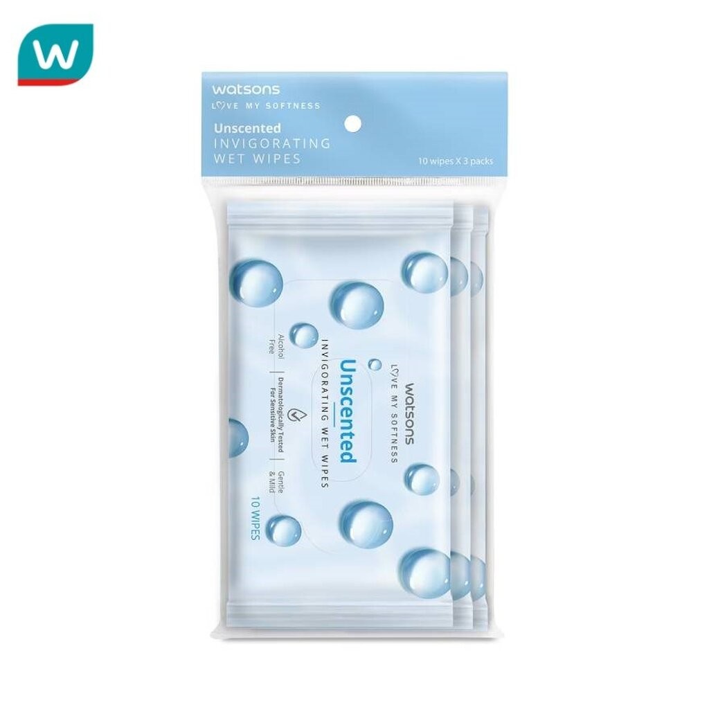 Watsons วัตสัน อันเซ็นเท็ด อินวิกอเรทติ้ง เว็ท ไวพ์ 10 แผ่น x 3 แพ็ค.