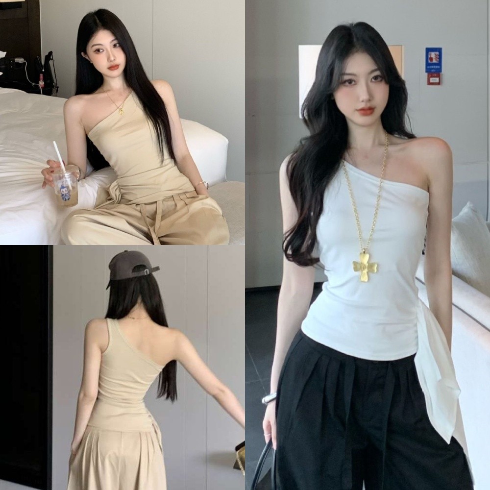 🥭Evelyn🥭เสื้อกล้าม ผูกเชือก เข้ารูป แขนกุด สีพื้น เสื้อปาด แฟชั่น สไตล์เกาหลี ใส่สบาย พร้อมส่ง