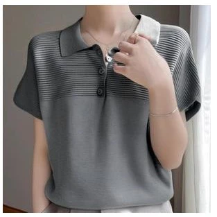 Red Berryเสื้อยืดคอกลมแขนสั้นคอโปโลฤดูร้อนสำหรับผู้หญิง คอตุ๊กตาหลวม แขนไหล่ตก สไตล์บาง 88015