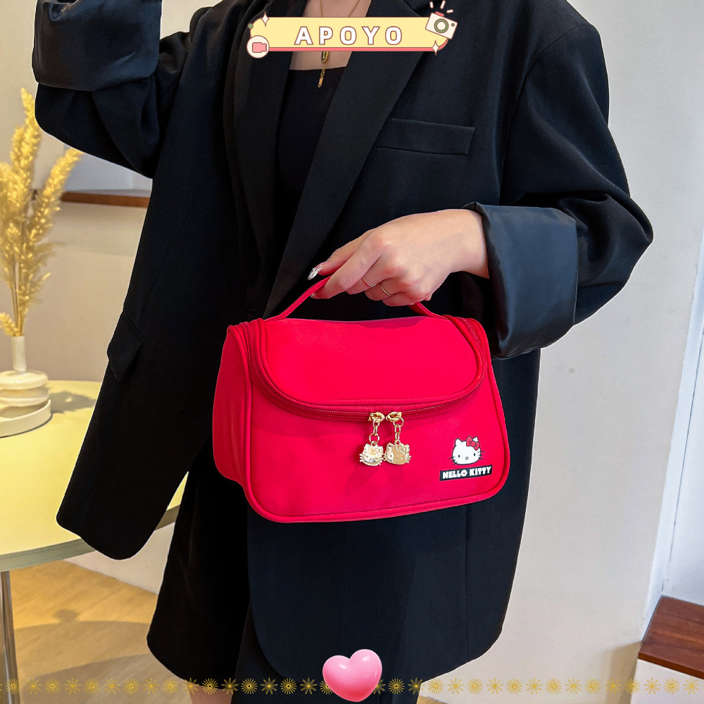 APOYO กระเป๋าแต่งหน้า, กระเป๋าเก็บเครื่องสําอางแบบพกพา Sanrio Hello Kitty, กระเป๋าใส่อุปกรณ์อาบน้ําสําหรับเดินทางความจุขนาดใหญ่แฟชั่นสําหรับผู้หญิง