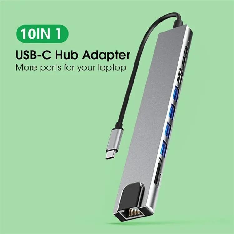 Multi-function 10 in 1 Docking Station Type C อะแดปเตอร์ 100W PD3.0 Power RJ45 USB-C การส่งข้อมูล 4K