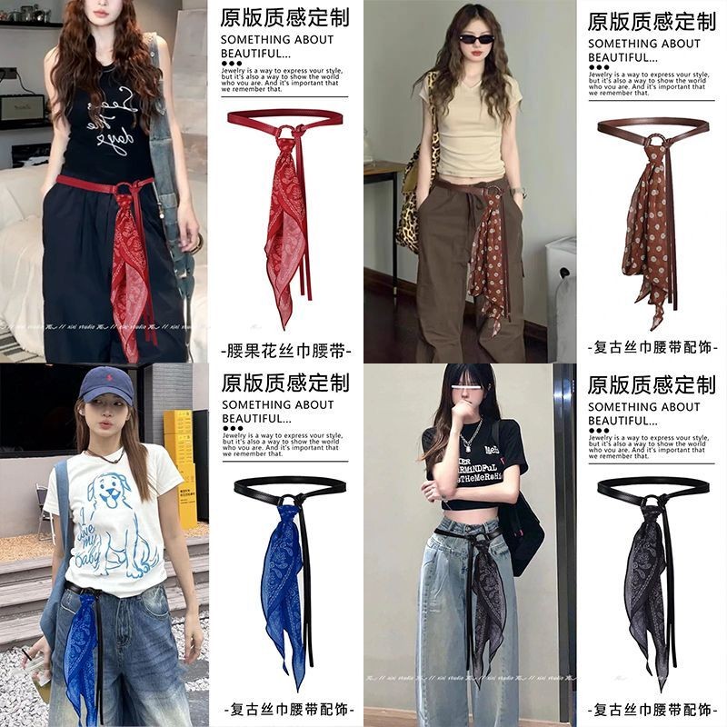 ผ้าพันคอสามเหลี่ยมHip Hop Punk ลายPolka Dot พร้อมผ้าไหมลายดอกไม้ และเข็มขัดสำหรับแต่งกาย