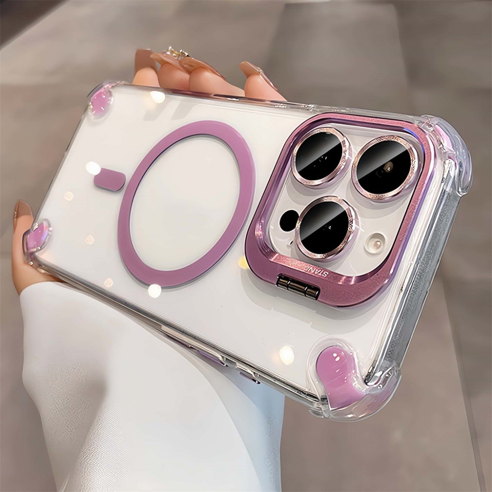 พร้อมขาตั้งโลหะกันกระแทกเคสโทรศัพท์แม่เหล็กสําหรับiPhone 16 11 12 13 14 15 Pro Max 16 15 14 Plusในตัวเลนส์Anti Scratch Glass Flim Anti-DropปลอกใสPCปกหลัง