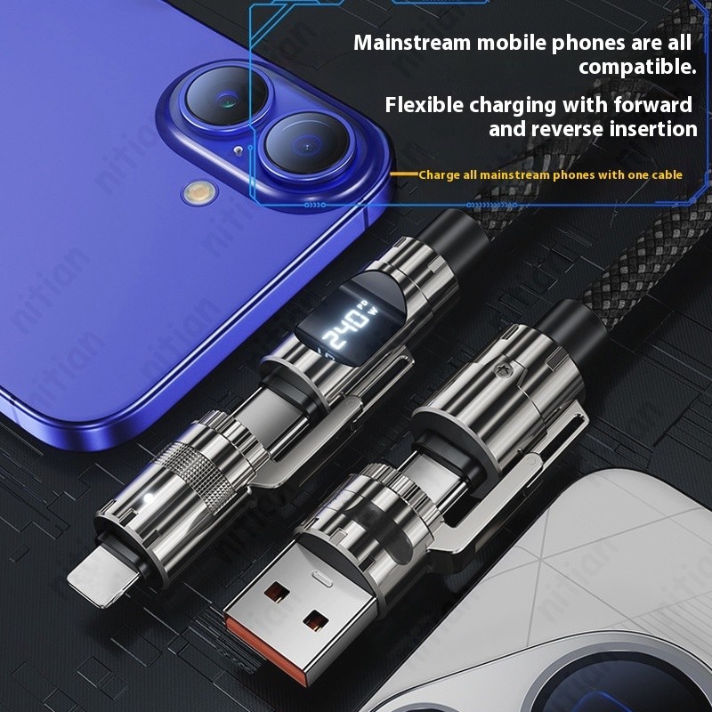 4 in 1 240W Super Fast Charging USB Type C Data Cable พร้อม LED Digital Display Wire Multi Interface Charger Cable ข้อมูลความเร็วสูงไนลอนถักสําหรับโทรศัพท์/แท็บเล็ต - รูปที่ 6