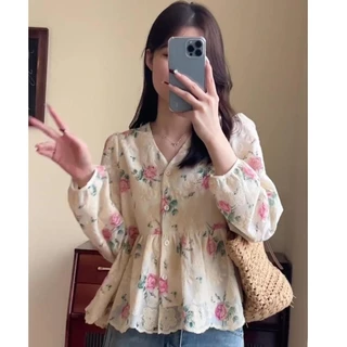 Chili Koko เสื้อเชิ้ตแขนยาวผู้หญิง สไตล์เกาหลี สุภาพสตรี หลวม วินเทจ ปักดอกไม้ คอวี เสื้อเบลาส์ เสื้อแขนพอง 99189