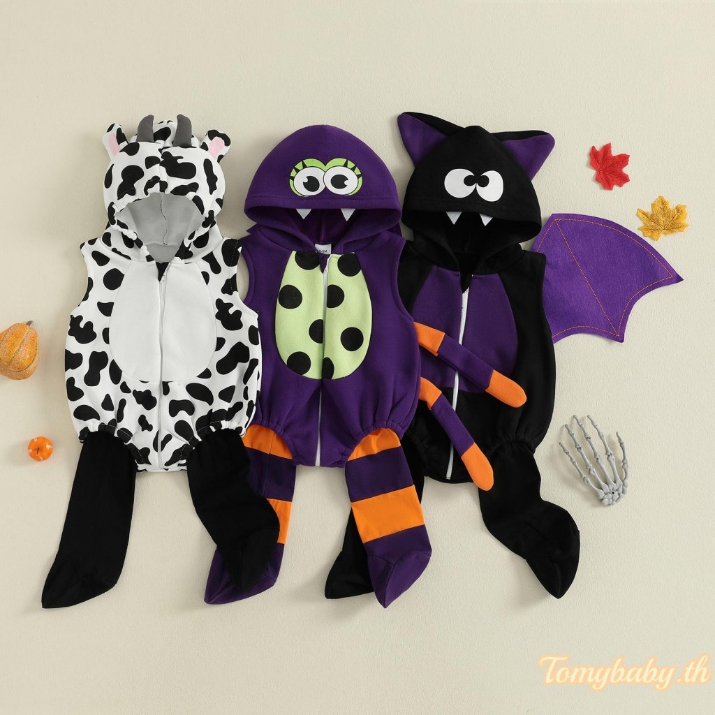 ชุดฮาโลวีนเด็ก วัว ค้างคาว และแมงมุม พร้อมชุดแขนสั้นและถุงน่อง 2 ชิ้น