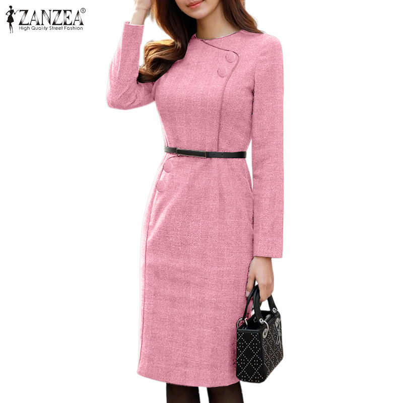 ZANZEA ชุดแซนเซีย แขนยาวคอกลม สำหรับผู้หญิง มีกระดุมตกแต่ง สไตล์เกาหลีหรูหรา