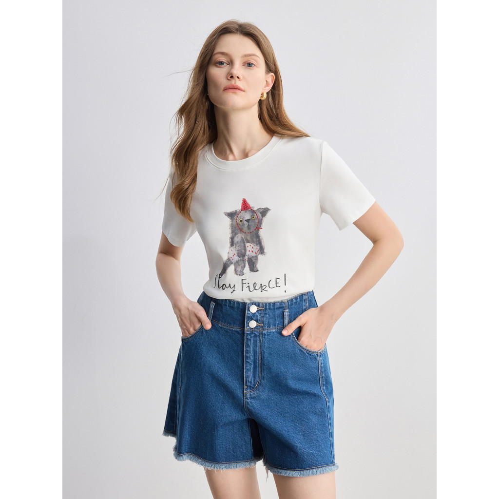 เสื้อยืด 2025 สีขาวด้านบน COD ฤดูร้อนน่ารัก 25DS82714new23 คอกลมแมวพิมพ์ Slim-fit 2025DUSHU แขนสั้น 