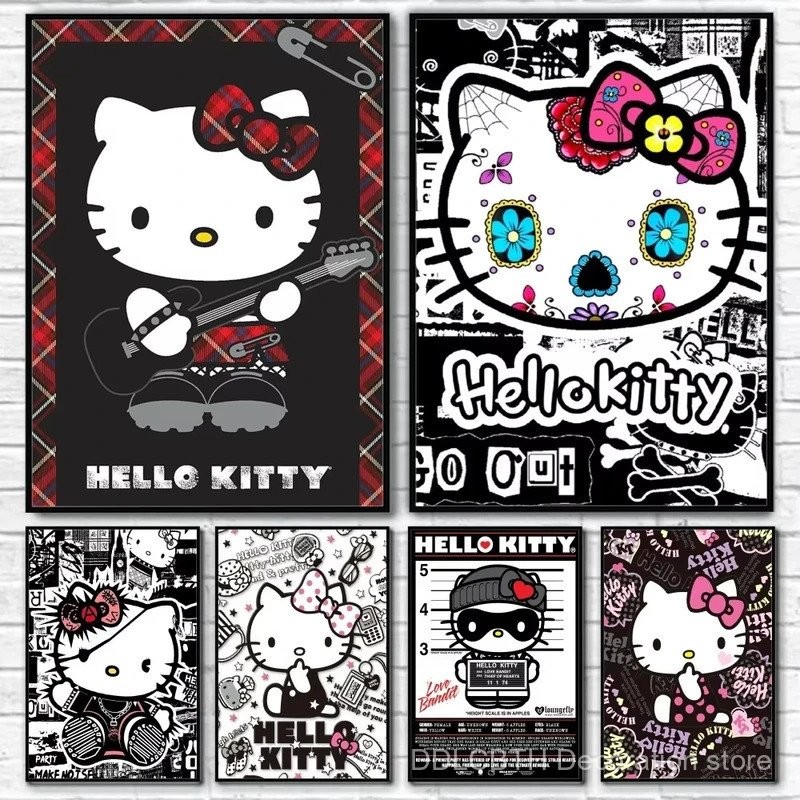 Mini Hello Kitty สีดํา Cool โปสเตอร์ Wall Art การพิมพ์กันน้ํา Home Living Bed Room Bar ความงามตกแต่ง