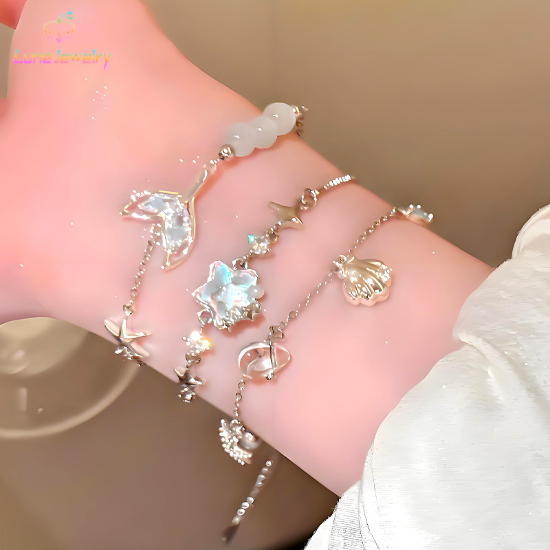 COD💖สร้อยข้อมือ ปลาดาว รูปเปลือกหอย ประดับไข่มุก หรูหราแสง ระดับไฮเอนด์ ปรับได้ เครื่องประดับ สำหรับผู้หญิง-Lune