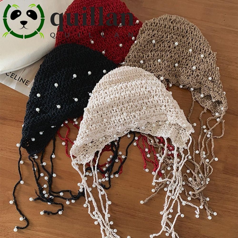 QUILLAN Hollow Pearl Tassels หมวกถัก,โครเชต์ดอกไม้ Beanies ถักหมวก,แฟชั่นสานหมวก Handmade Hollow Out สไตล์ชาติพันธุ์หมวกเครื่องแต่งกายอุปกรณ์เสริม