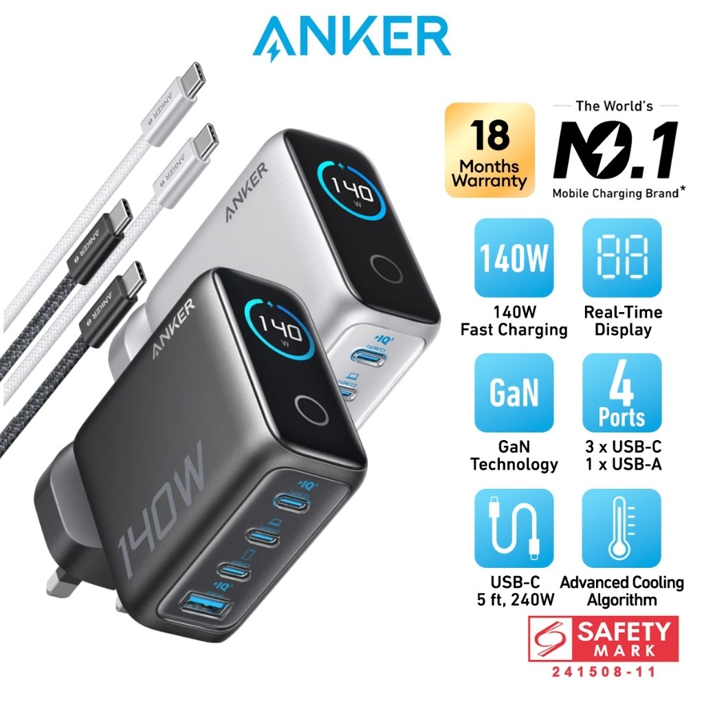 Anker Charger 140W 4 พอร์ต PD 3.1 พร้อมสาย USB C Fast Charging USB C GaN Charger แล็ปท็อปชาร์จหลายปล