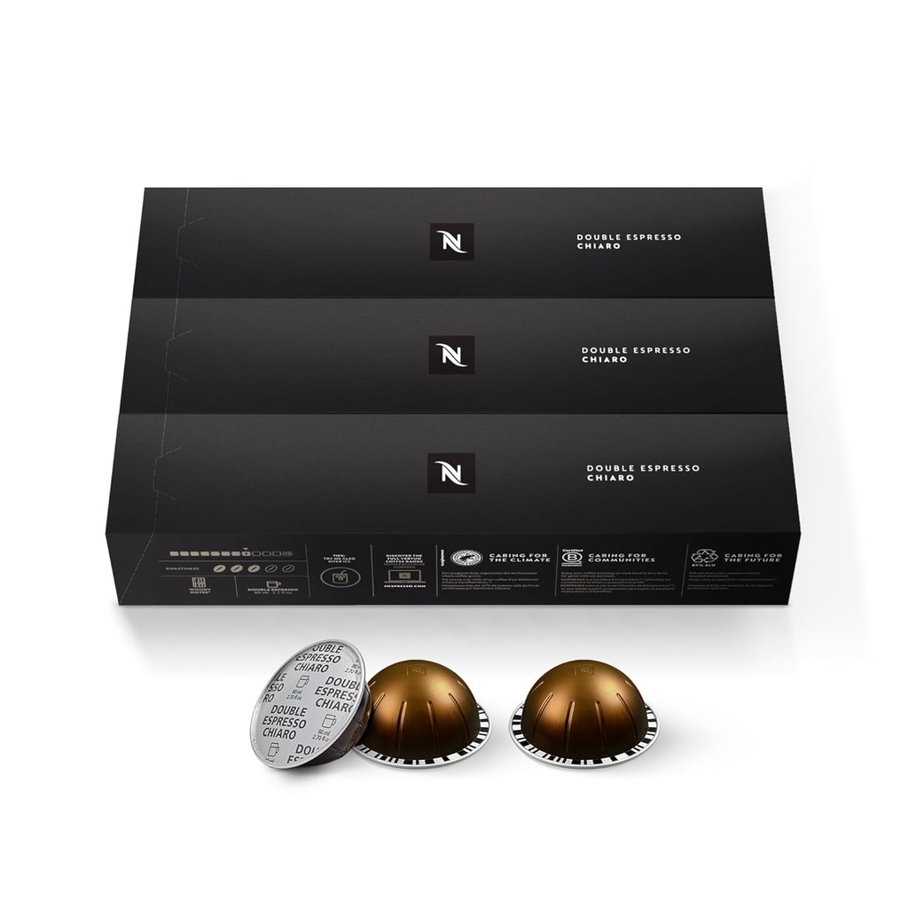Nespresso Capsules Vertuo, Double Espresso Chiaro, กาแฟเอสเปรสโซคั่วกลาง, ฝักกาแฟ 30-Mount, Brews 2.