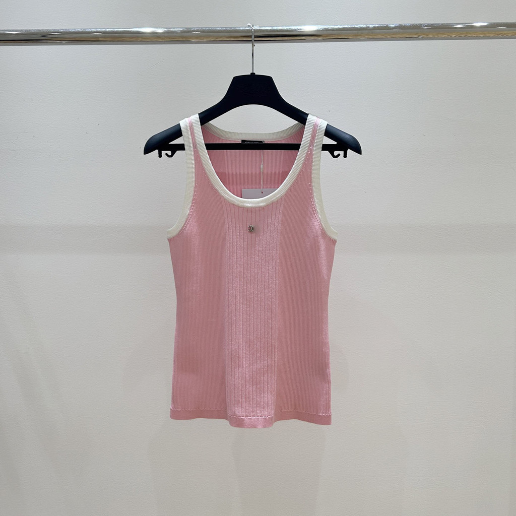 8G89 CH##EL  Round Neck Sleeveless Vest Top Pink Sleeveless Vest Pink Girl Knitted Top