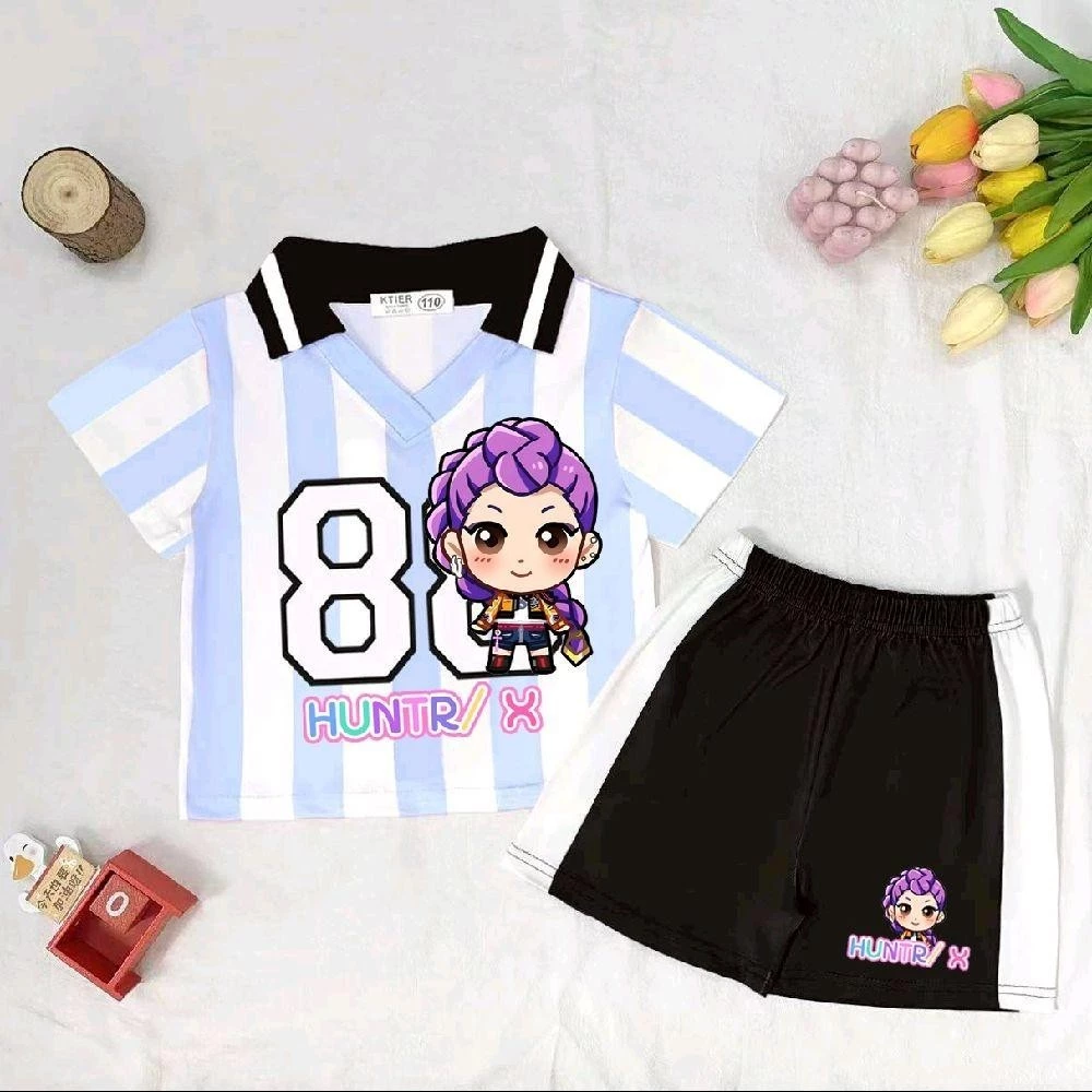 PINKชุดเซ็ทเด็กกีฬาคอปก ขาสั้น ลายสุดฮิต เนื้อผ้าใส่สบาย ระบายอากาศดี