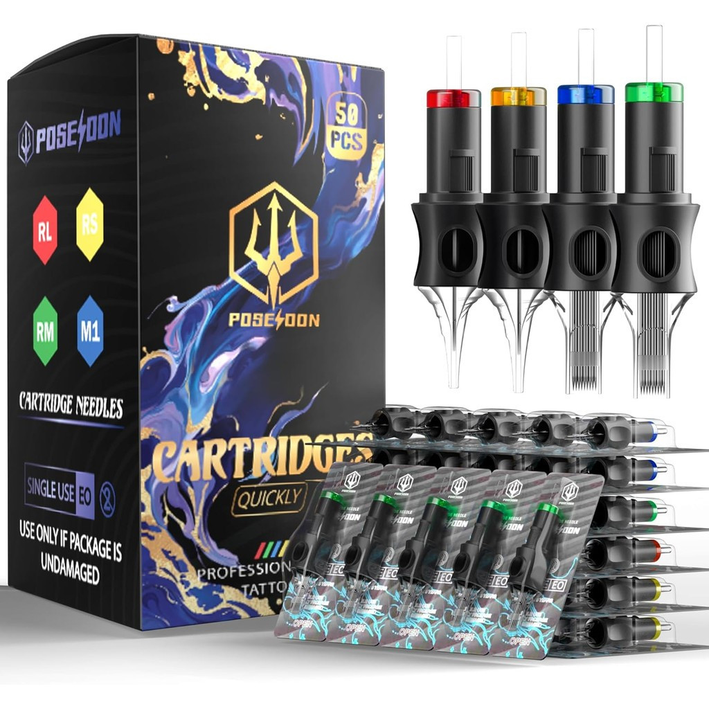 POSEIDON Professional Tattoo Cartridges Needles 50-Pack, Assorted Sizes #12 Round Liner Shader Magnu