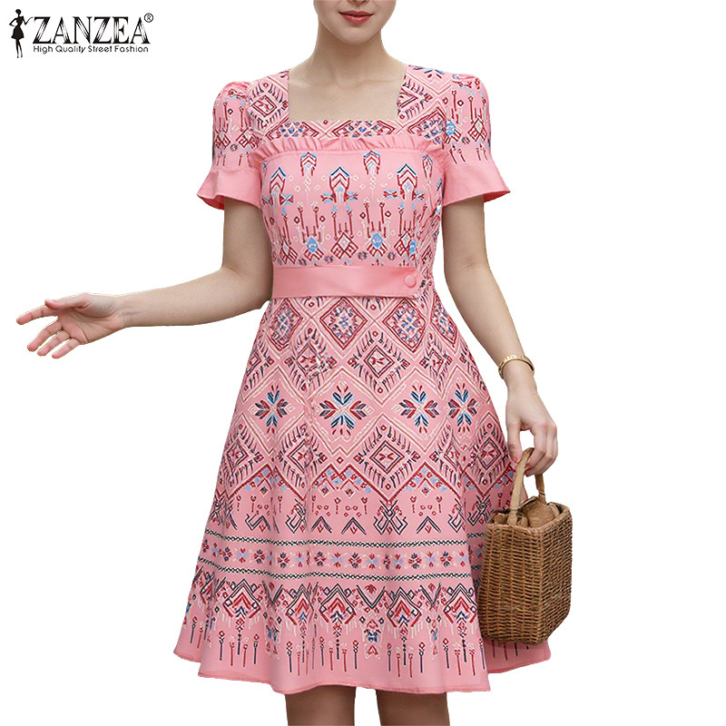 ZANZEA ชุดลำลองแขนสั้นสไตล์เกาหลี ลายพิมพ์สแควร์คอดูเก๋ในหน้าร้อน
