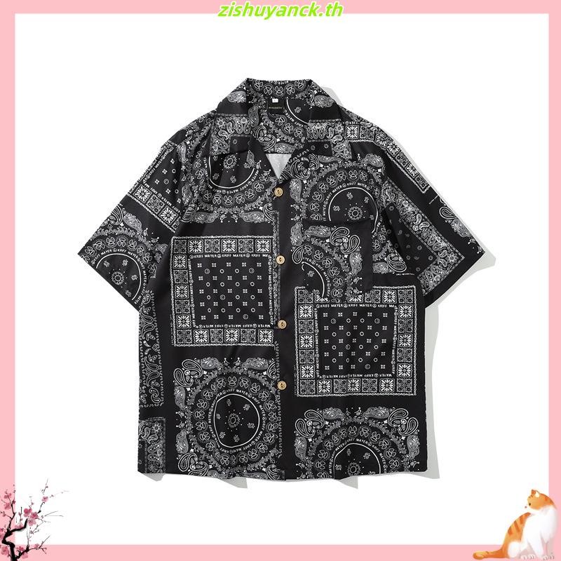 Eashion พร้อมส่ง Cod เสื้อเชิ้ตแขนห้าส่วน ทรงหลวม ลายดอกไม้ สไตล์เกาหลี แฟชั่นฤดูร้อน สําหรับผู้ชาย 