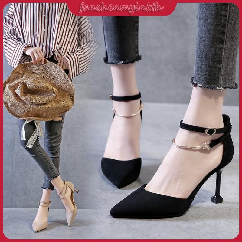 รองเท้า holster รองเท้าเพชร รองเท้าแตะสไตล์เกาหลีรองเท้าส้นสูงผู้หญิงส้นเข็มหัวเข็มขัดหัวแหลมหนังกลั